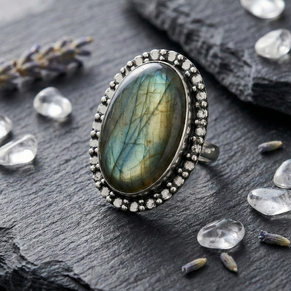 Boho Statement S925 Silver Natural Labradorite Artisan Ring Size 9 Gift
